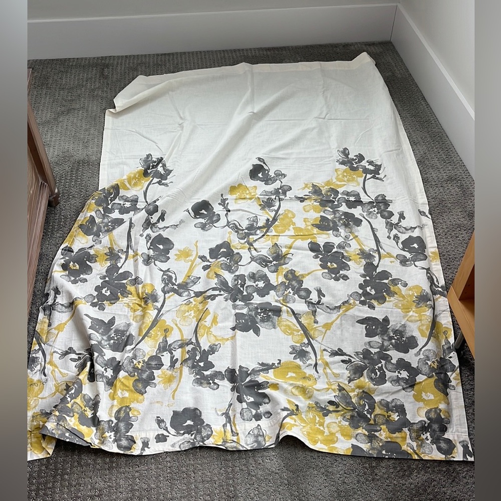 Threshold (Target) curtains, cream colored with gray and yellow floral accents.